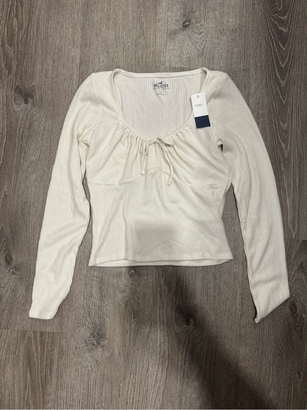 Hollister Cream Ribbed Long Sleeve Tie-Front Top